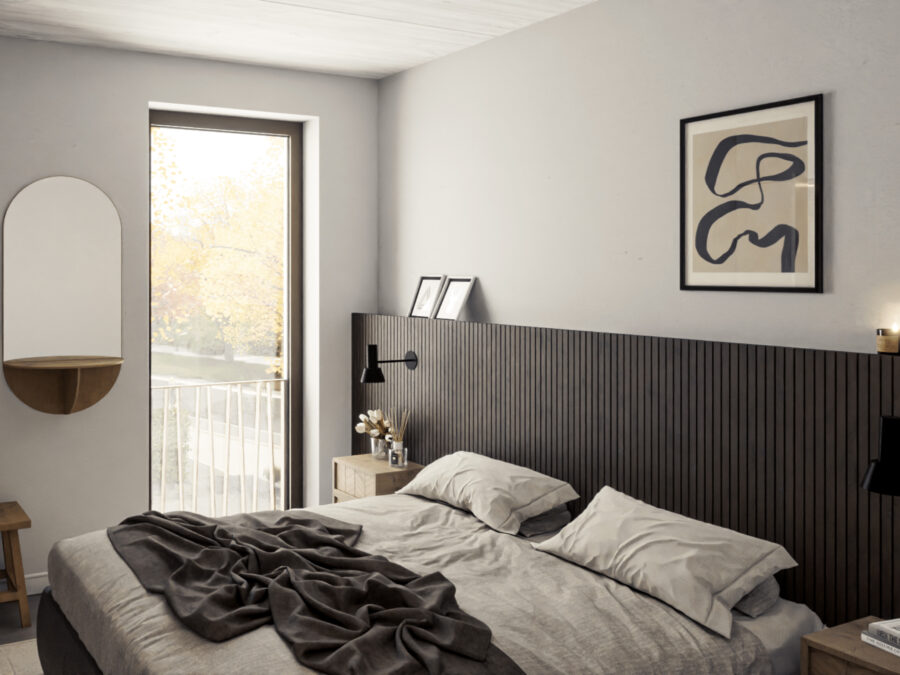 Modernes Schlafzimmer mit Doppelbett, Spiegel und Balkonblick