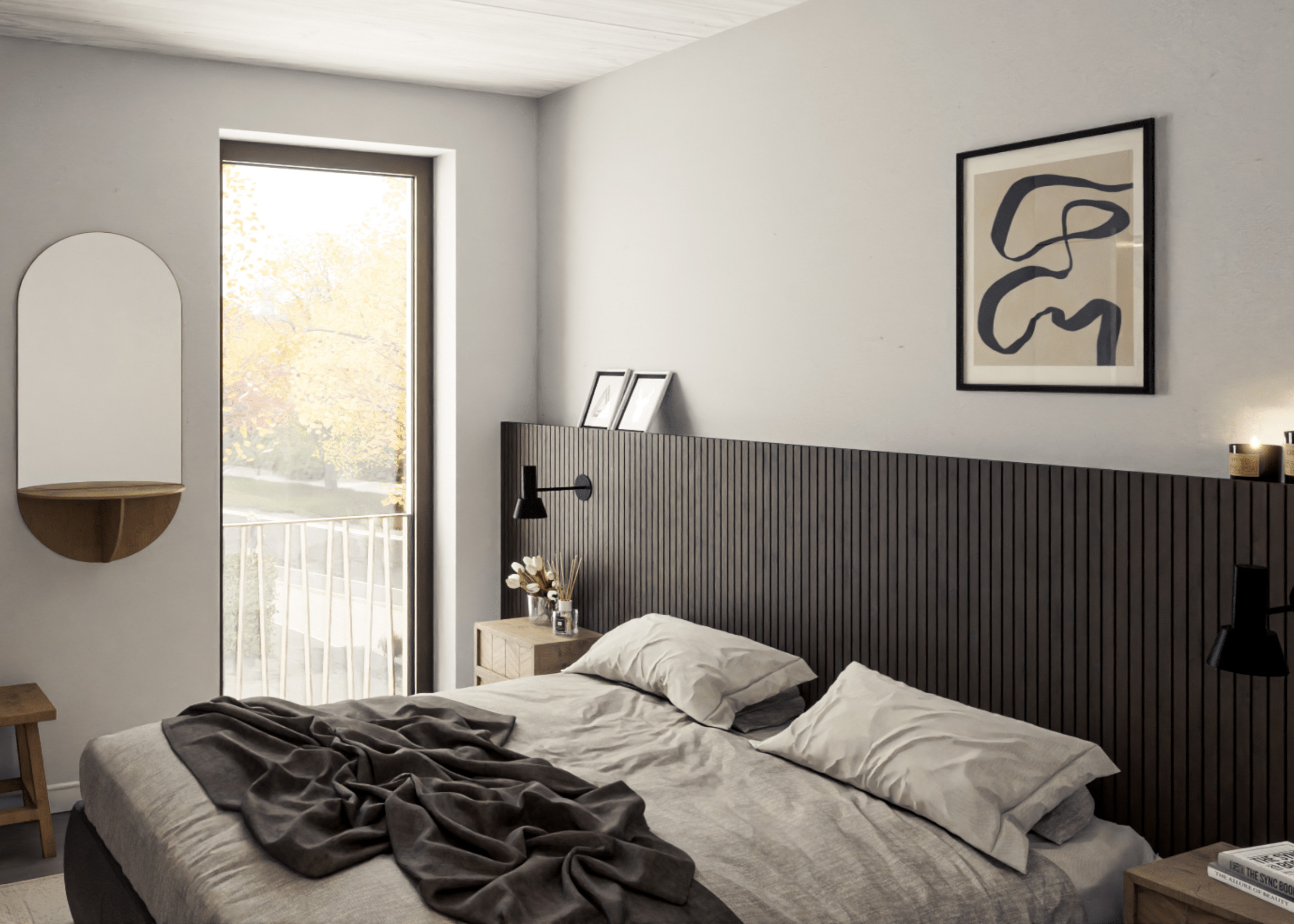 Modernes Schlafzimmer mit Doppelbett, Spiegel und Balkonblick